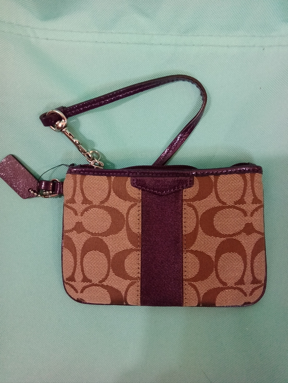 #16 Coach Brown Signature Canvas Wristlet w/Dark Purple Trim CREED-C1447- F52281